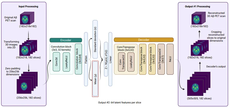 Architecture diagram from the petVAE preprint: amyloid PET volumes cut into 2D slices, encoded to a latent distribution, and decoded back into reconstructed scans